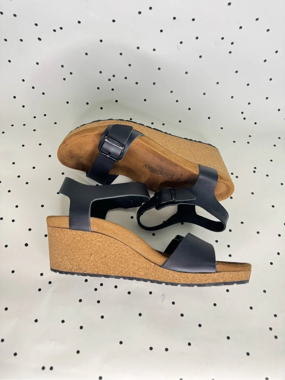 Birkenstock Papillio Soley Black Leather Wedge Sandals with Buckle Straps size 9